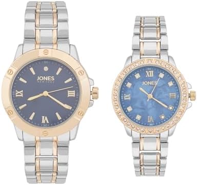 Jones New York Men's and Women's Quartz Movement Shiny Two Tone Metal Bracelet His and Her Couple Analog Watches Gift Set, M0027S-42-J34