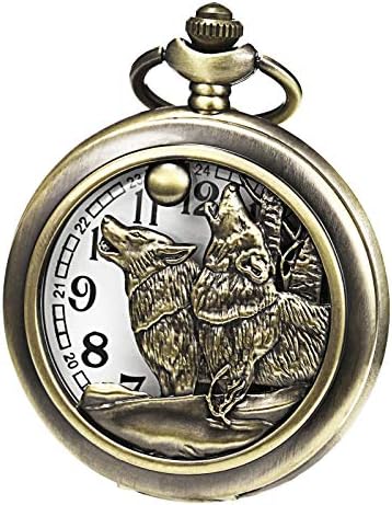 Men's Women Quartz Pocket Watch Wolf 3D Pattern Bronze Case Vintage Fob Watches with Gift Box