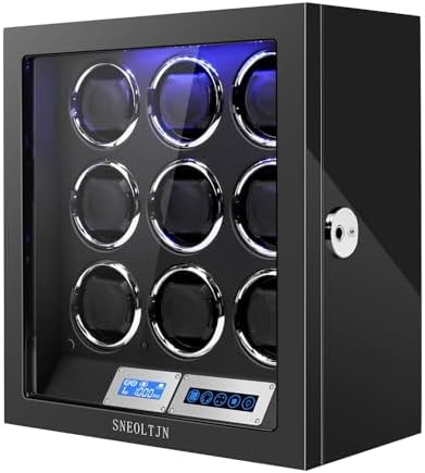 Watch Winder for 9 Slots Automatic Watches with Fingerprint Unlock, Ultra-Quiet Japanese Motors, Built-in LED Illumination and LCD Touchscreen Control