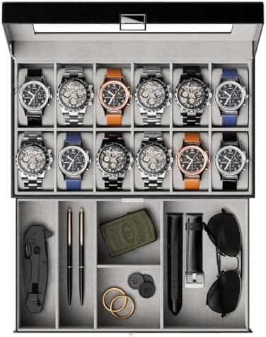 ProCase Watch Box for Men, 12 Slot Mens Watch Case With Drawer, Watch Display Case With Glass Lid, 2-Layer Watch Holder Organizer, Jewelry and Watch Storage for Men Women -12Slot, Black